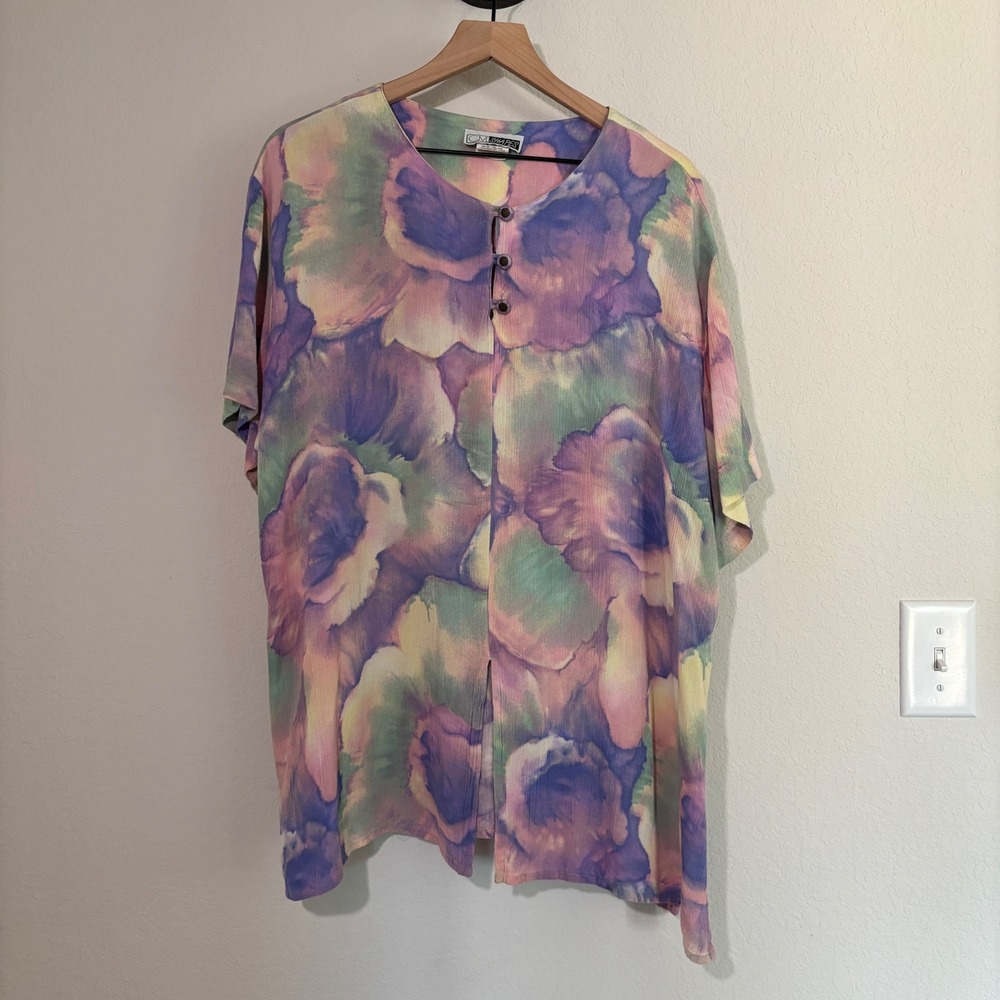 Vintage C.M. Shapes Blouse Floral Print Large Pastel Watercolor Art to Wear